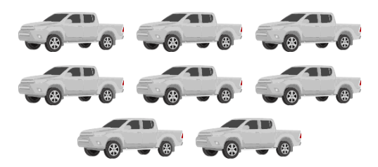 Eight pickup trucks representing one Junk Dawgs truck load